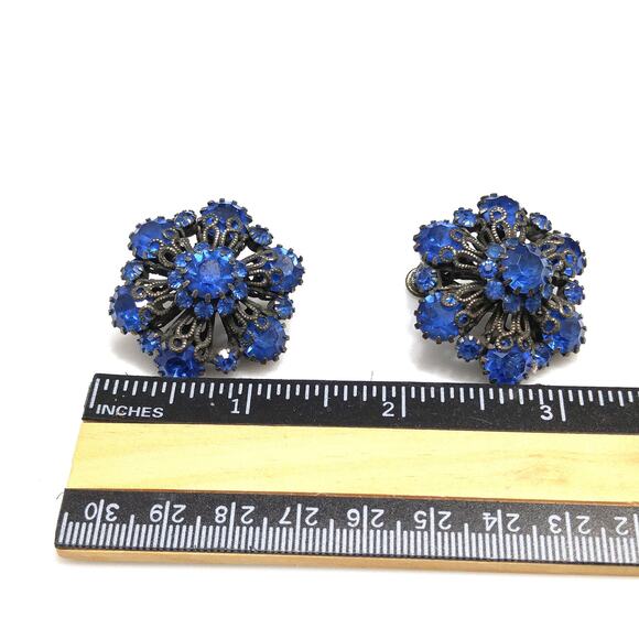 Vendome Blue Rhinestone Floral Clip Earrings, Antiqued Silver Tone, Vintage - Picture 2 of 10